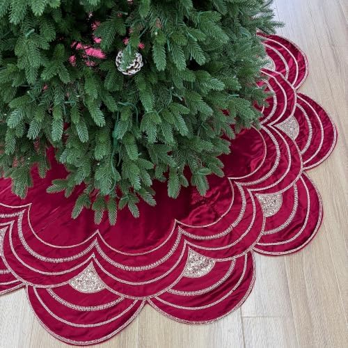 72-Inch Beaded Scalloped Satin Christmas Tree Skirt, Cranberry by StarryDynamo