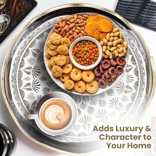 HOME ARCHIVE Round Serving Tray with with Handles Antique Look & Stylish Design Decorative Trays for Kitchen Round Ottoman Tray for Dinning Living Room & Home Decor Pack of 2 (Black-Gold) - Image 7