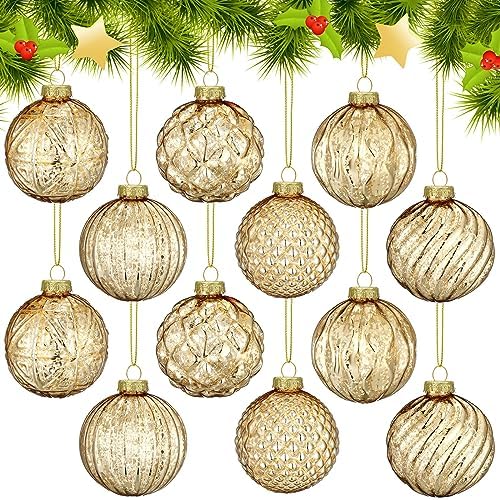 Jenaai 12 Pcs Christmas Gold Glass Ball Ornaments, Vintage Tree Decoration by Jenaai