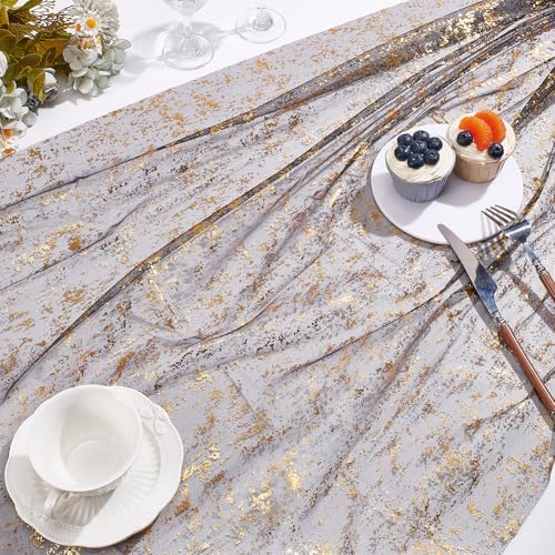 10 Pcs Black and Gold Gauze Table Runner, 28x118 Inch Sheer Glitter Metallic Foil Mesh Table Runner for Birthday Party Wedding Anniversary Christmas Halloween - Image 5