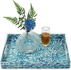 Serving Tray 15.7" X11.8", Lacquer Mother of Pearl Inlay Mosaic Tray, Rectangle Wooden Marble Tray with Handles Trays for Tea, Breakfast in Bed, Table (Flower Style) by WovenWickerThings