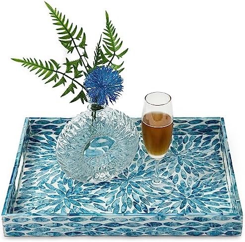 Serving Tray 15.7" X11.8", Lacquer Mother of Pearl Inlay Mosaic Tray, Rectangle Wooden Marble Tray with Handles Trays for Tea, Breakfast in Bed, Table (Flower Style) by WovenWickerThings