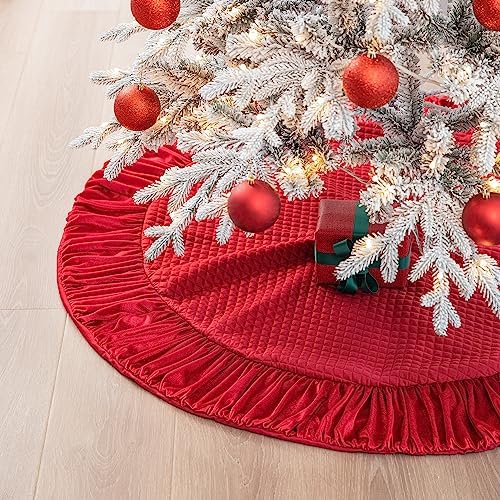 Glitzhome 48''D Burgundy Christmas Tree Skirt,Deluxe Burgundy Velvet Ruffled Xmas Tree Mat Skirt Decoration for Merry Christmas Holiday New Year Party - Image 7