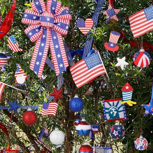 Halfchet 43 Pcs 4th of July Tree Decorations Patriotic Tree Ornaments Topper Trees Hanging Ornaments for Independence Day Home Table Party Decor (USA Hat Style) - Image 5