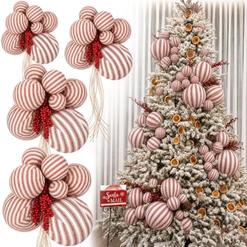 4 Set Large Red White Stripe Christmas Ball Clusters Fabric Ball Ornament by Soulchen