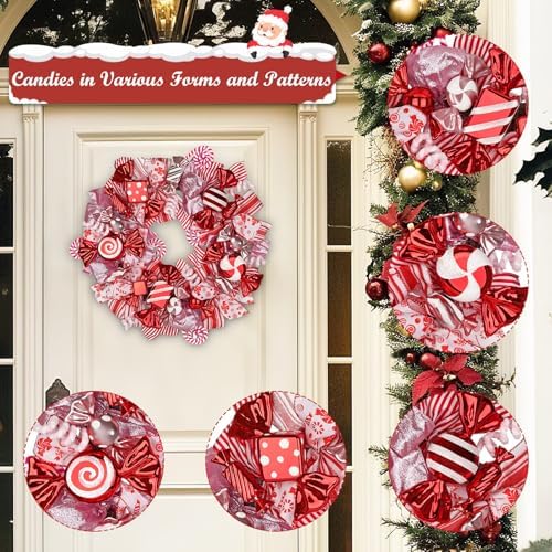 20" Christmas Wreath with Candy Canes, Red & Pink Bow for Front Door Decor - Image 6