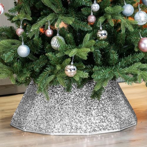 HarcoHome Dazzling Christmas Tree Collar - 26" Sequined Stand Base Cover, Foldable Ring & Handmade Skirt for Xmas Tree Decoration (Silver, Diamond) by HarcoHome