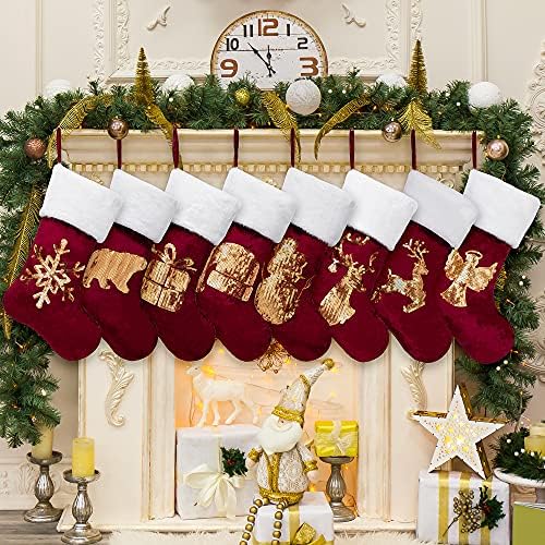 GEX Christmas Stockings 8 Pack for Family 20" Gold Sequins Red Velvet with White Soft Faux Fur Embroidery Classic Fireplace Tree Decorations for Xmas Season Decor (Set of 8) by GEXWorldwide