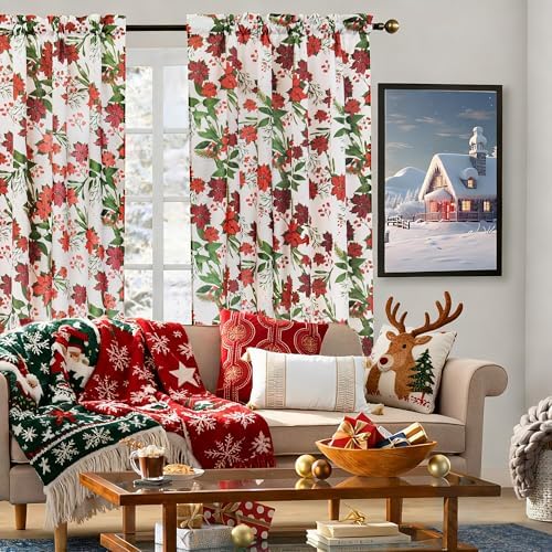 youleyar Christmas Curtains for Living Room, 84 Inch Length Rod Pocket Xmas Curtian Panels, Printed Pattern Flower Window Drapes for Bedroom Dining Room Drapes, 52" W x 84" L - Image 6