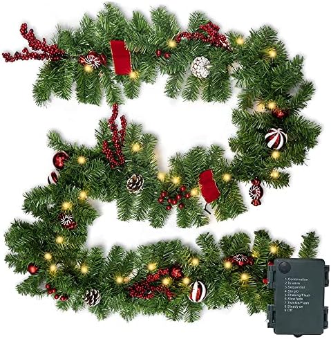 Nerosun 9FT Christmas Garland with 50LED Lights, Battery Operated Prelit Garland Christmas Decorations Timer 8 Mode, Artificial Outdoor Christmas Garland Greenery Pinecone for Indoor Door Decor by NEROSUN