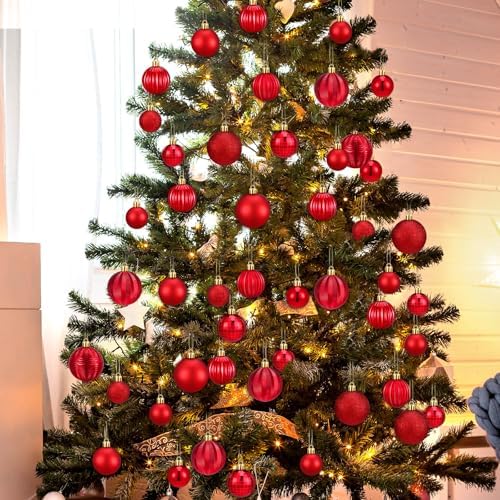 Lunmon 64 Pcs Red Christmas Ornaments Luxury Red Xmas Bulbs - Image 5