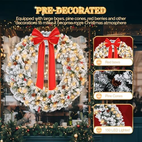 VINGLI 48 Inch Prelit Christmas Wreath Front Door, Wall Plug-in LED Decor - Image 2