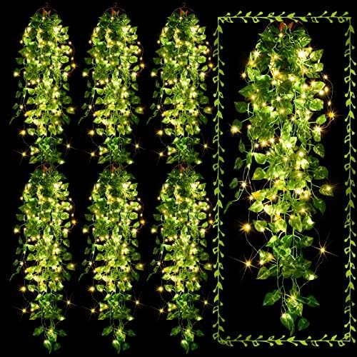 Mudder Fake Ivy Vines with Lights, LED Artificial Hanging Green Leaves Vines for Outdoors Patio Porch Decor (Basket Not Included) (Greenery Style, 6 Packs) by Mudder