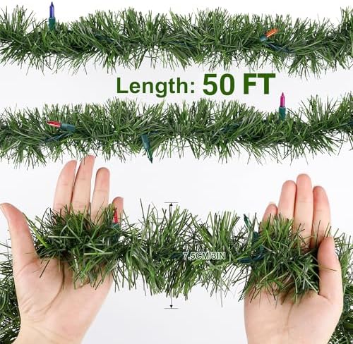 Biswing 50FT Pre-lit Christmas Green Garland, Lighted Artificial Pine Garlands with 100 Count Multicolor Mini Lights, Light Up for Indoor Outdoor Gate Home Winter Holiday New Year Decorations - Image 4