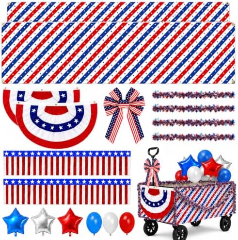27 Pcs 4th of July Wagon Parade Float Decoration Kits 250th Patriotic Car Tassels, Garland, Banners, American Flag, and Bow Independence Day Red White Blue Decor(4th of July) by Unknown