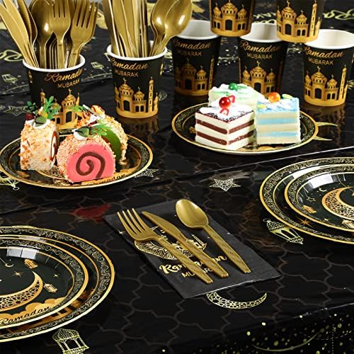 Ramadan Party Supplies Decorations for Home, Eid Ramadan Mubarak Banner Black and Gold Plates and Napkins Set, Disposable Paper Plates Napkins Banner Tablecloth for Ramadan Party Decorations, Serve 25 - Image 4