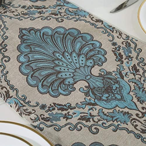 Embroidery Luxury Table Runner Jacquard Floral Dresser Scarf with Multi-Tassels, 13" x 62", Blue - Image 4