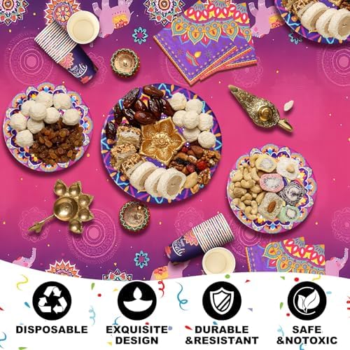 Bokon 121 Pcs Happy Diwali Decorations Diwali Party Tableware Set for 24 Guests Deepawali Lights Festival Tableware Tablecloth Banner Hanging Decorations Swirls Marigold Garland for India Deepawali - Image 4