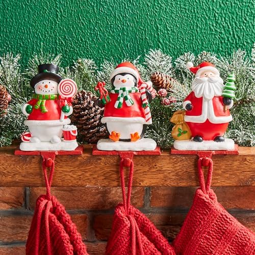 Glitzhome Christmas Stocking Holders, Set of 3 Santa Snowman Penguin Mantel Decor with Weighted Base, Festive Jack-in-The-Box Design for Fireplace, Holiday Sock Hangers - Image 2