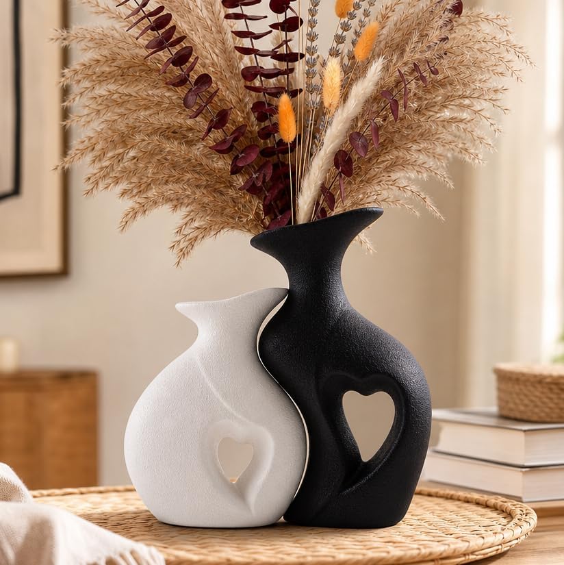 Heart Vase Set of 2, Black White Ceramic Vases, Wedding Gift for Couples by ChifonCyan