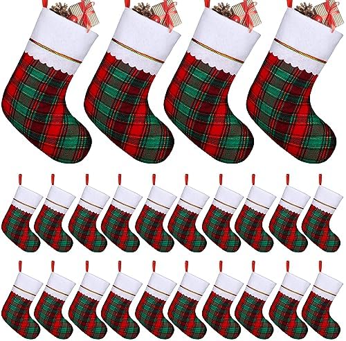 Fovths 24 Pack 18 Inch Red Green Buffalo Plaid Christmas Felt Stockings with White Plush Trim Large Red Buffalo Plaid Fireplace Hanging Stockings for Family Holiday Decoration Christmas Party Favors by Fovths