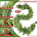 Prelit 50LED - 9 Ft by 12 Inch Christmas Garland with Lights Timer, Real Touch Norfolk Pine Cedar Garland 150 Cypress & 50 Norfolk PE Tips Berries Pine Cones for Indoor Fireplace Mantle Table Decor - Image 4