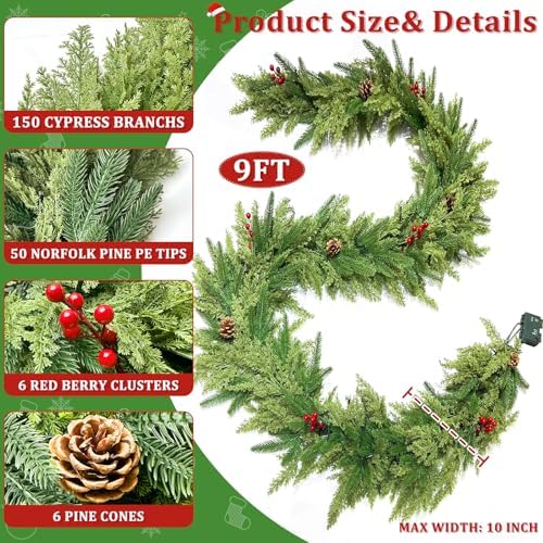 Prelit 50LED - 9 Ft by 12 Inch Christmas Garland with Lights Timer, Real Touch Norfolk Pine Cedar Garland 150 Cypress & 50 Norfolk PE Tips Berries Pine Cones for Indoor Fireplace Mantle Table Decor - Image 4