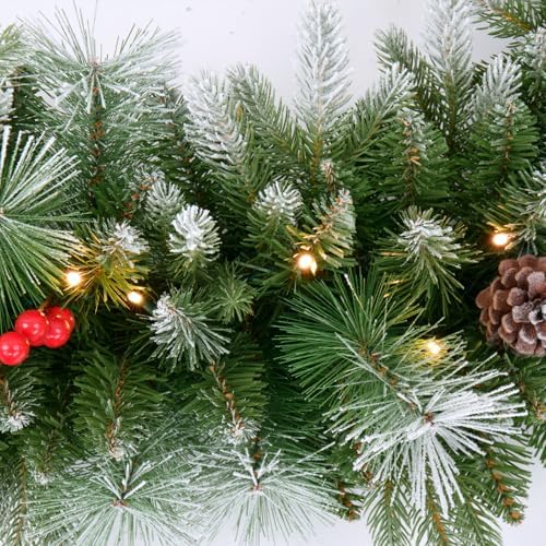 9ft Artificial Christmas Snow Garland with 50 Clear Lights, Pulg in, Pine Cone, Red Berry Battery Powered String Light for Outdoor Indoor, Home Decoration Mantle Stairs Railing Fireplace Door - Image 5