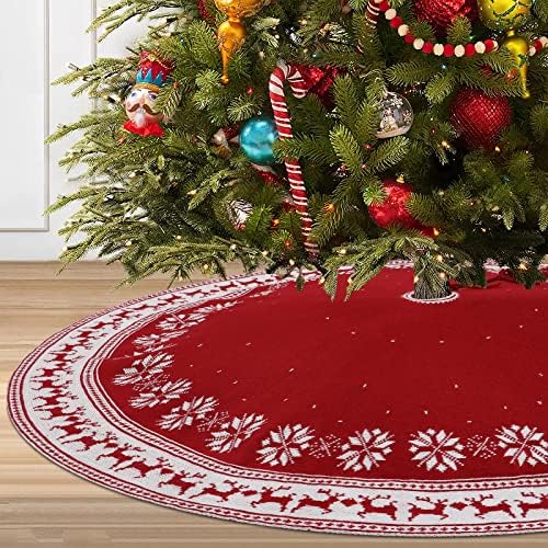 Dremisland Christmas Tree Skirt Rustic Knit Christmas Tree Mat 36In Red - Image 2