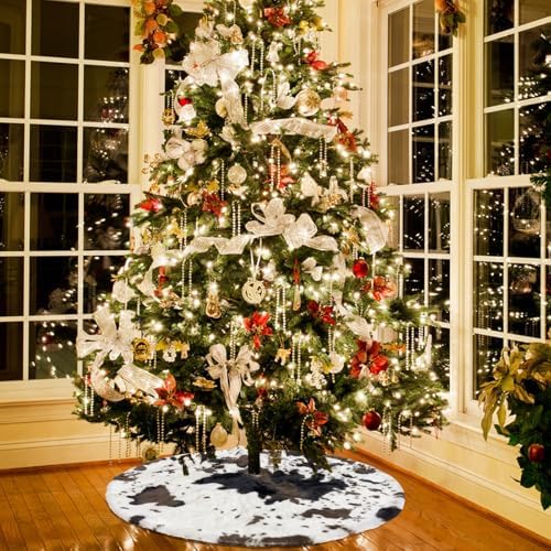 Christmas Tree Skirt 60 inch Cows Print Tree Skirts White and Black Faux Fur for Holiday Party Decoration - Image 5