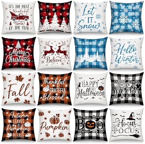 GlikCeil Set of 16 Christmas Pillow Covers 18 x 18 Inch Holiday Throw Pillow Covers Halloween Fall Winter Seasonal Pillowcases Decorative Cushion Pillowcases for Farmhouse Home Couch Sofa Decor by GlikCeil