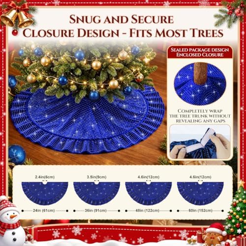 Blue Christmas Tree Skirt 60 Inches Sparkle Velvet Tree Skirt for 9FT Tree - Image 4