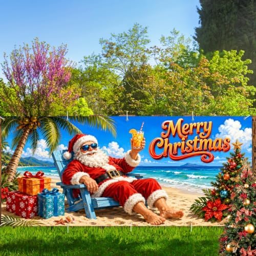 7x16FT Christmas Summer Garage Door Cover Decorations Christmas Santa Claus Beach Vacation Garage Door Banner for Outdoor Indoor Christmas Decorations Party Photography Backdrop - Image 6