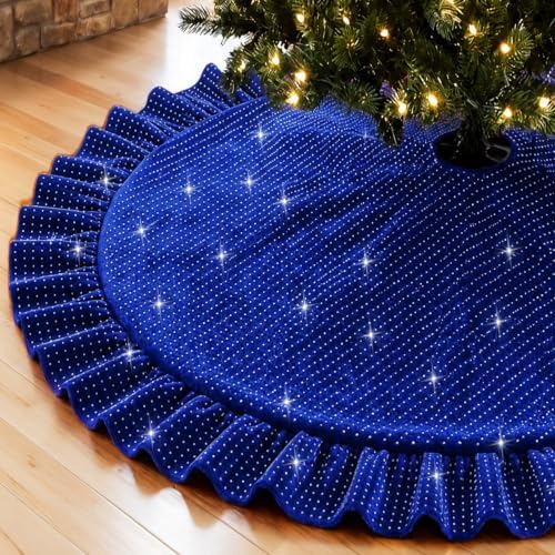 Blue Christmas Tree Skirt 60 Inches Sparkle Velvet Tree Skirt for 9FT Tree by FUHSY