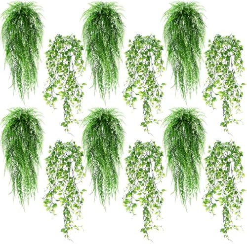 Daifunli 12 Pcs Artificial Hanging Plants Fake Hanging Ferns Plastic Fake Plant for Wall Room Garden Garland Indoor Outdoor Decor No Basket (Ivy,Boston Ferns) by Huiinen