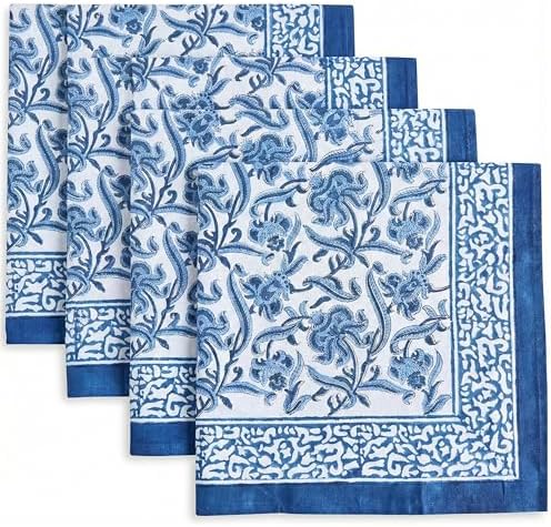 ATOSII Cotton Blockprint Cloth Napkins, Midnight Bloom, Set of 4, 20" X 20" by ATOSII