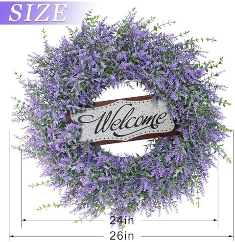 26"Fake Lavender Eucalyptus Wreath with Welcome Sign for Front Door(Purple) - Image 5