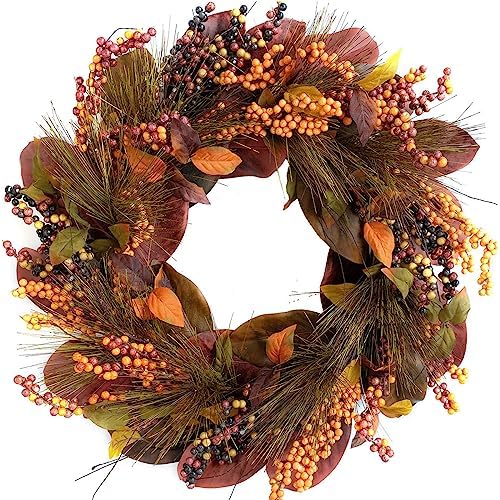 TEMPUS 20 inch Thanksgiving Wreath Magnolia Leaves with Pine Needle Yellow Berry Wreath for Front Door Harvest Festival Decor Window Wedding Autumn Outdoor Indoor Décor by TEMPUSDECOR