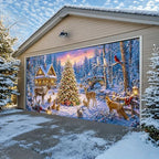 Christmas Garage Door Banner 157.5 x 70.9 in, Snowy Winter Forest Christmas Garage Door Cover with Christmas Tree Deer Cabin Scene, Holiday Outdoor Decorations for Home Yard, Includes 393.7 in Rope and 10 Reinforced Grommets - Image 3