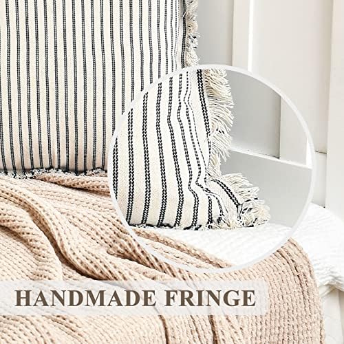 ZWJD Throw Pillow Covers 18x18 Set of 2 Striped Pillow Covers with Fringe Chic Cotton Decorative Pillows Square Cushion Covers for Sofa Couch Bed Living Room Farmhouse Decor, (Black) - Image 2