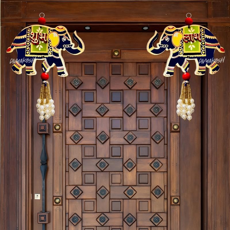 Divyakosh Door Hangings for Home | 2 Pair (4 Pieces), Blue, Size - 5 Inch each| Temple & Pooja Decoration Items, Elephant Shubh-Labh Hanging Wall/Door Decoration - Image 5