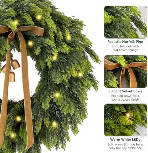 WANNA-CUL 22 Inch Real Touch Christmas Wreath for Front Door with Lights - Image 2