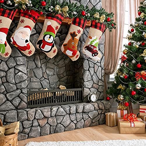 Christmas Stockings 5 Pack, 18'' Large Christmas Stockings with Santa Snowman Gnomes Pattern,Classic Buffalo Plaid Cuff,Xmas Ornaments for Family Stairs Fireplace Tree Hanging - Image 2