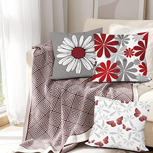 Red Grey Throw Pillow Covers 20x20 Set of 6, Dasiy Floral Home Decor - Image 3