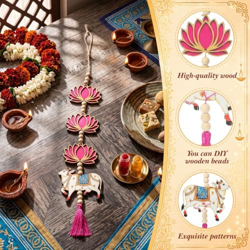 8 Pcs Indian Pichwai Style Diwali Hanging Decor, Hot Pink Lotus with Cow - Image 3