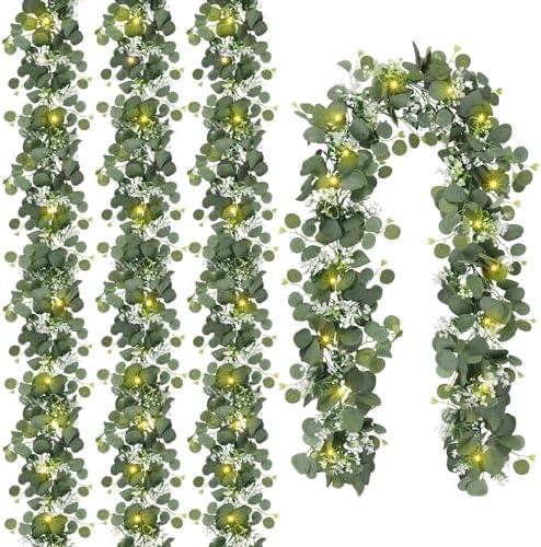 N&T NIETING 4 Pack Artificial Eucalyptus Garland with Lights, 6FT Artificial Greenery Summer Garlands, Battery Operated Twig Vine for Room Stairs Mantle Wedding Holiday Decoration Indoor Outdoor by NTNIETING