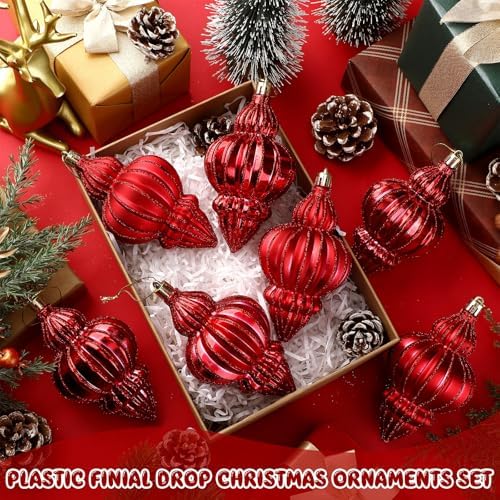 Red 8 Pcs 5.1 Inch Vintage Shatterproof Finial Christmas Ornaments - Image 3