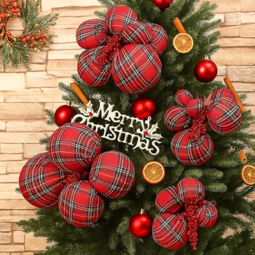 4 Set Large Tartan Plaid Christmas Ball Clusters Fabric Ball Ornament - Image 3