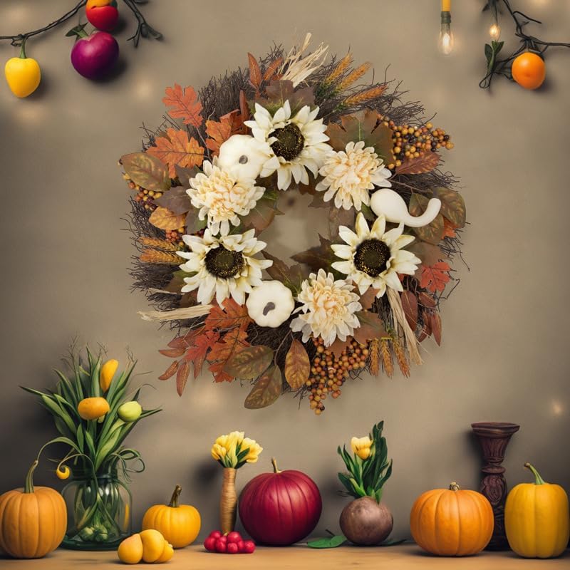 GLLBTPT Fall Wreath Full Handcrafted Autumn Front Door Wreath with Pumpkins Sunflower Berries for Halloween Thanksgiving Harvest Decoration (Sunflower) - Image 4