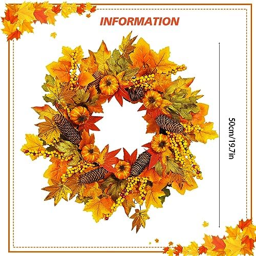 GLLBTPT 20in Fall Wreath Full Handcrafted Autumn Front Door Wreath with Pumpkins Maple Leaves Berries for Halloween Thanksgiving Harvest Decoration (Maple Leaf) - Image 2